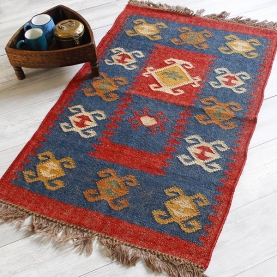 Tapis indien artisanal Dari laine et jute marron et bleu