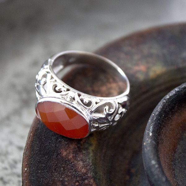 Bague Toulhoat En Argent 925 Et Cornaline - Style Celte Moderne - Bretagne - Occasion Très Bon État
