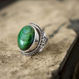 Indian silver and malachite stone ring S6