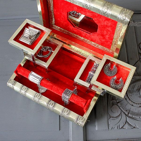 Indian wooden jewelry box golden