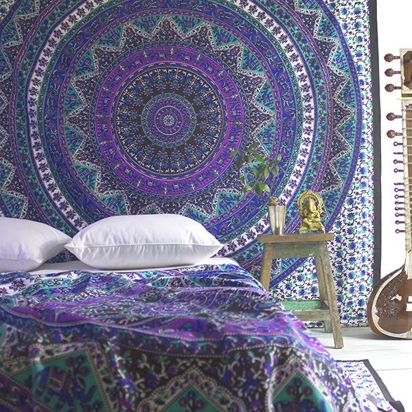 Indian cotton wall hanging Elephants purple and green