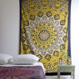 Tenture murale indienne Mandala noir et jaune