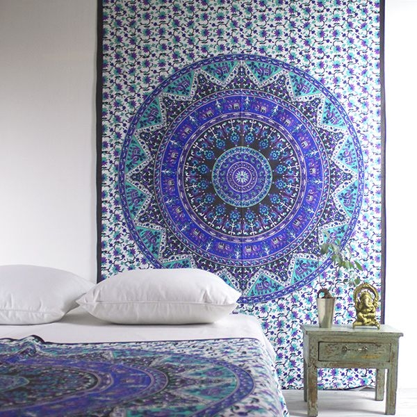 Indian cotton wall hanging Mandala blue and green