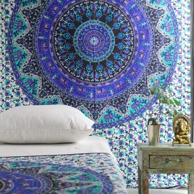 Indian cotton wall hanging Mandala blue and green