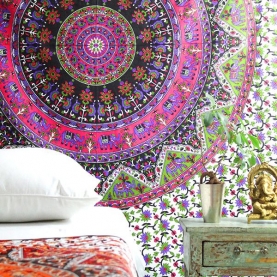 Indian cotton wall hanging Mandala pink and green