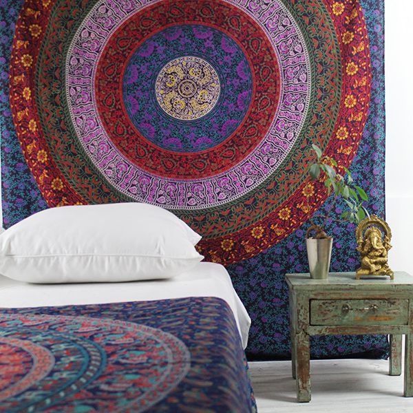 Indian cotton wall hanging Mandala yellow and pink