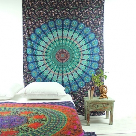 Indian cotton wall hanging Mandala dark blue and green