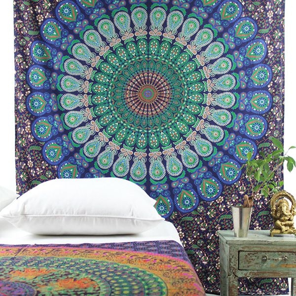 Indian cotton wall hanging Mandala dark blue and green