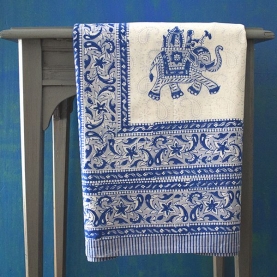 Nappe indienne coton imprimée blanche et bleue