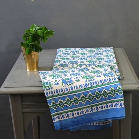 Indian printed cotton table cover blue and green