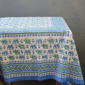 Indian printed cotton table cover blue and green