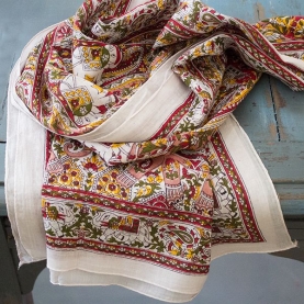 Foulard indien en coton imprimé blanc et rouge