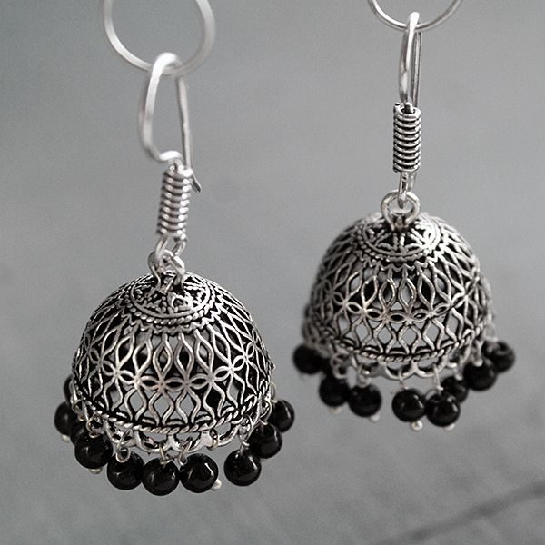 black metal jhumkas and necklace