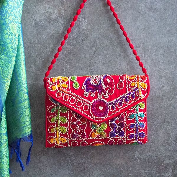 Indian handcraft small handbag Kuch red