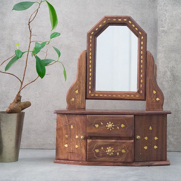 Indian Wooden Jewelry Box Handcrafted, Wooden Jewelry Box With Mirror