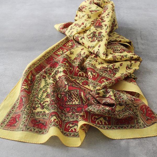 Foulard indien en coton imprimé jaune et rouge