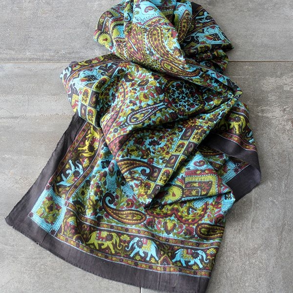 Foulard indien en coton imprimé noir et bleu