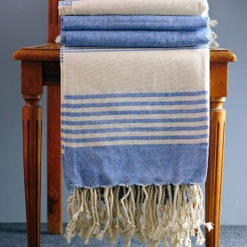 Couverture de canapé coton pur indien écru et bleu
