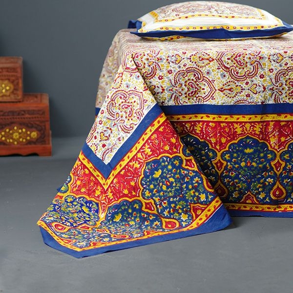 Drap de lit indien avec taies d'oreiller bleu et jaune