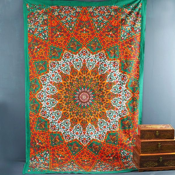 Indian cotton wall hanging Mandala green and red