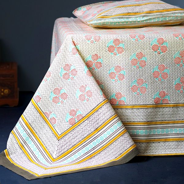Indian printed bedsheet + pillow Yellow and pink