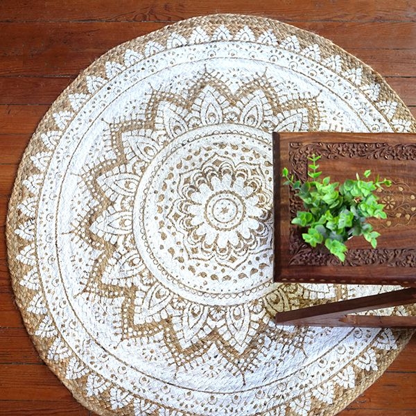 Tapis indien artisanal en jute rond blanc