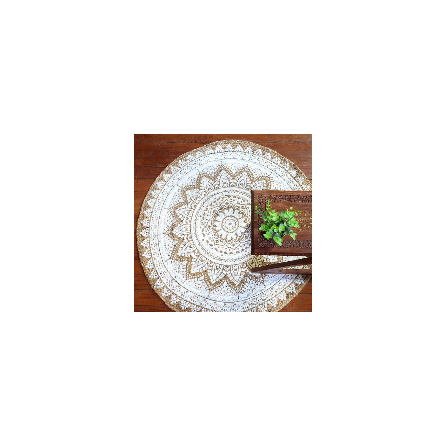 Tapis indien artisanal en jute rond blanc