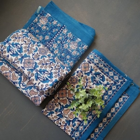 Indian printed bedsheet + pillow Blue and White