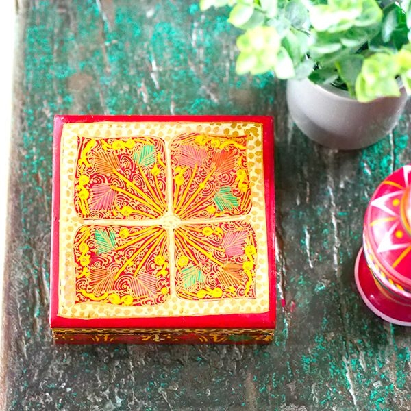 Indian paper mache coasters square red x6