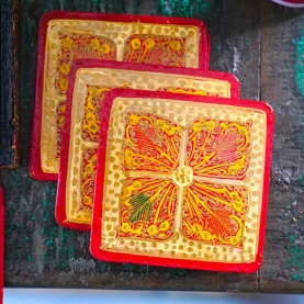 Indian paper mache coasters square red x6