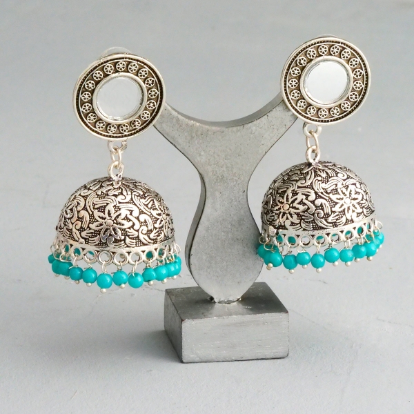 Indian long metal earrings Jhumki cyan