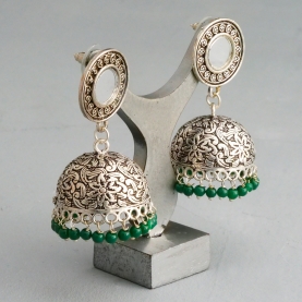 Indian long metal earrings Jhumki green