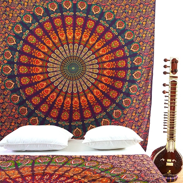Tenture murale indienne Mandala violet et orange