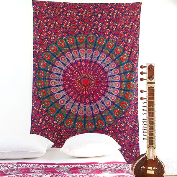 Tenture murale indienne Mandala marine et vert