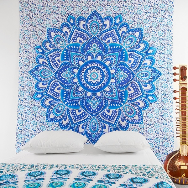 Indian cotton wall hanging Lotus blue and white