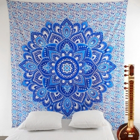 Indian cotton wall hanging Lotus blue and white