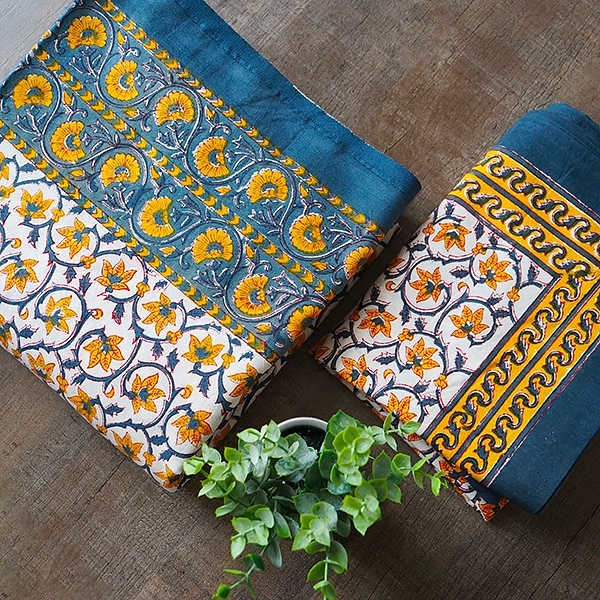 Indian printed bedsheet + pillow Blue and yellow