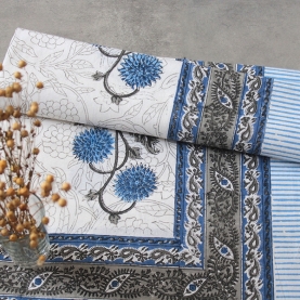 Nappe indienne coton imprimée bleue et grise