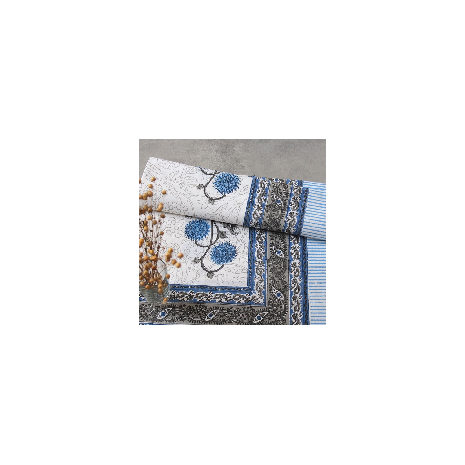 Nappe indienne coton imprimée bleue et grise