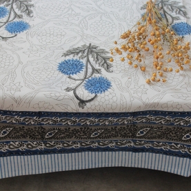 Indian printed cotton table cover blue and grey