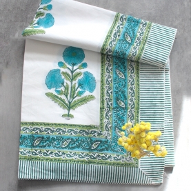 Nappe indienne coton imprimée bleue et verte