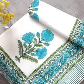 Indian handicraft printed table cover blue and green