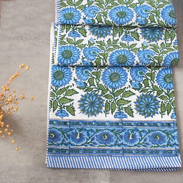 Indian handicraft printed table cover blue and green