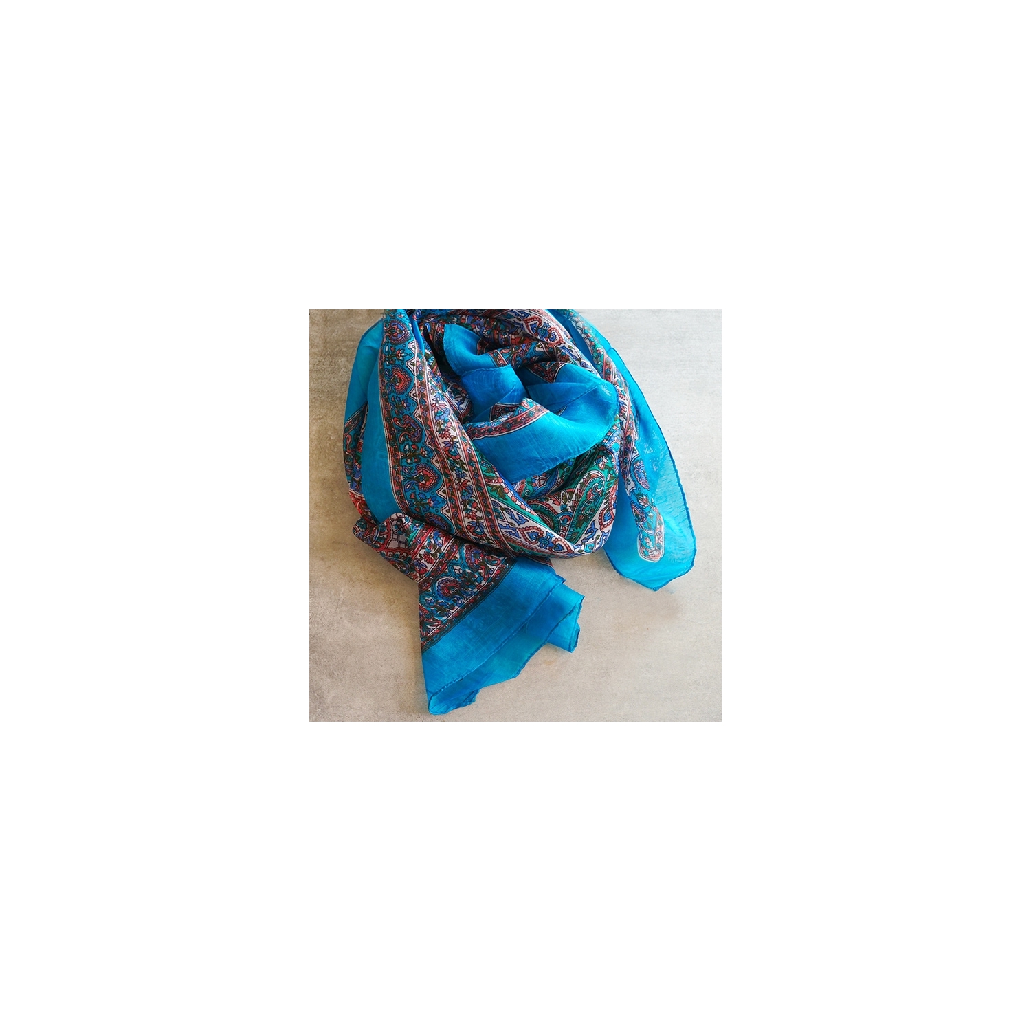 Foulard indien en soie carré bleu et rose