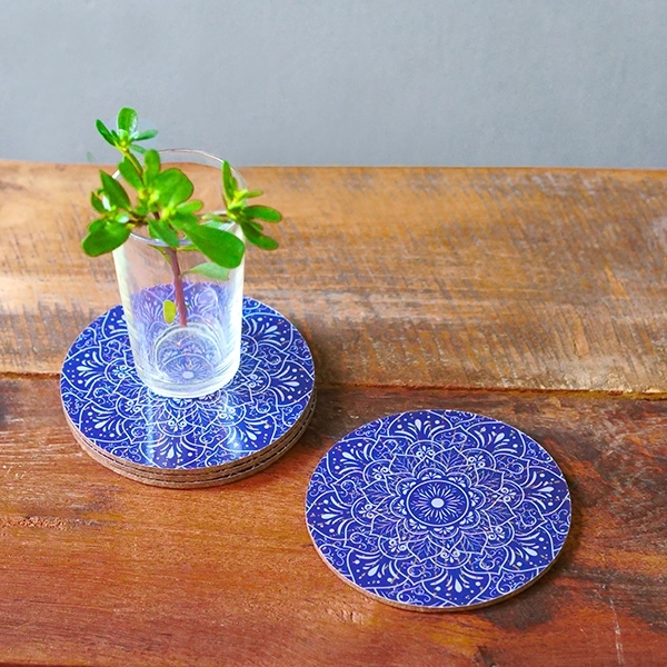 Sous-verres en bois rond Mandala bleu x6