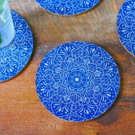 Coasters MDF round Mandala blue color x6