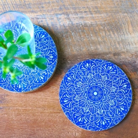 Coasters MDF round Mandala blue color x6