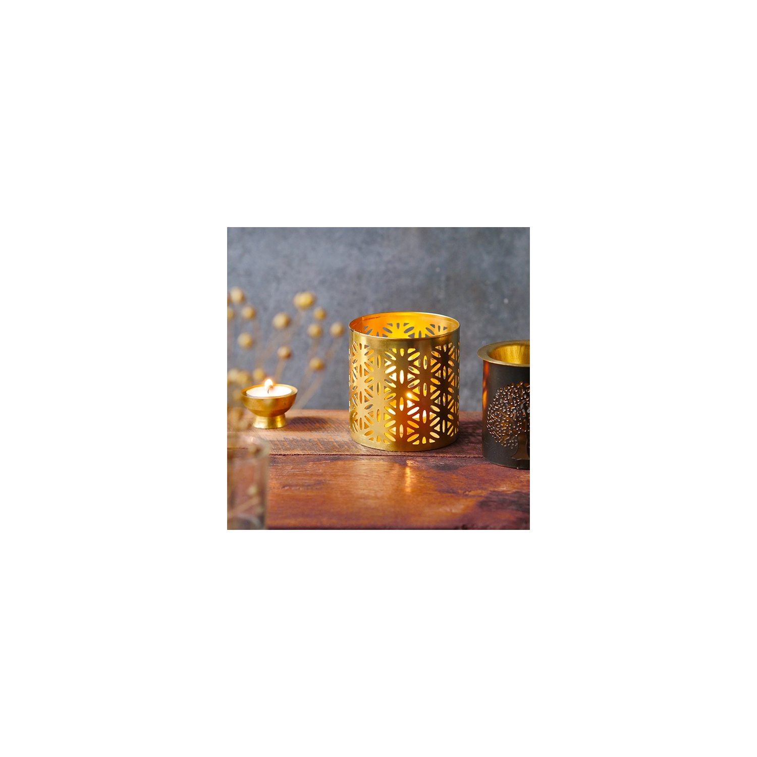 Ethnic Tea Light Candle Holder Unique Indian Metal Golden Chime Home Decor Rose 
