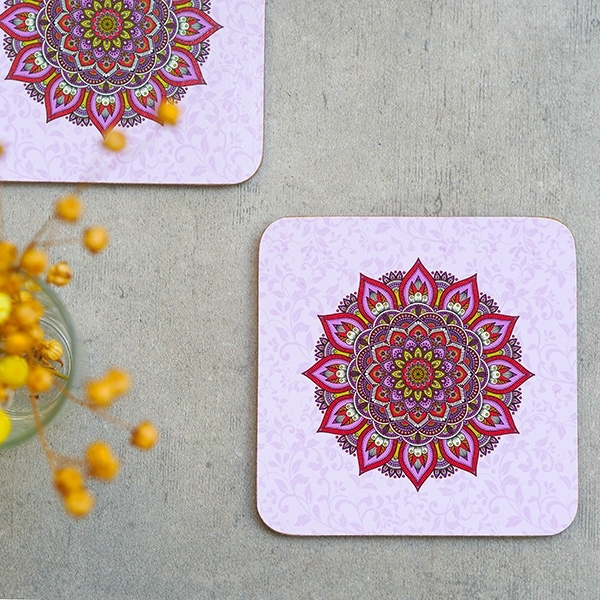 Sous-verres en bois carré Mandala rose x6