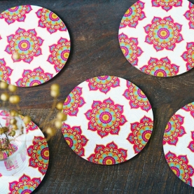 Sous-verres en bois rond Mandala rouge x6